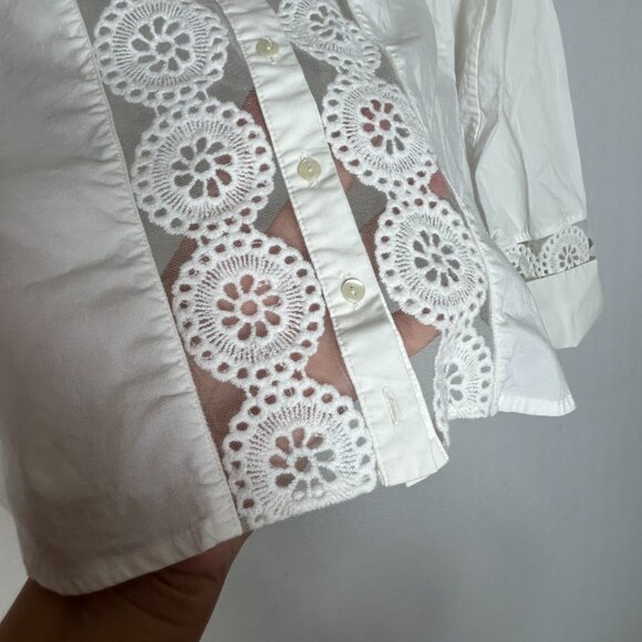 Anne Fontaine LADIES BLOUSE 42 10 WHITE CREAM EYELET CROCHET SHEER BUTTON UP - Picture 3 of 14